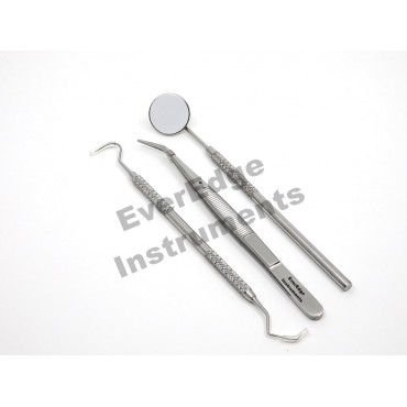 Examination Kit of 3pcs/ Explorer #5/London Tweezer/Mirror Handle with Head #5 / Practice Kit / Solid Handle 5.5mm round 