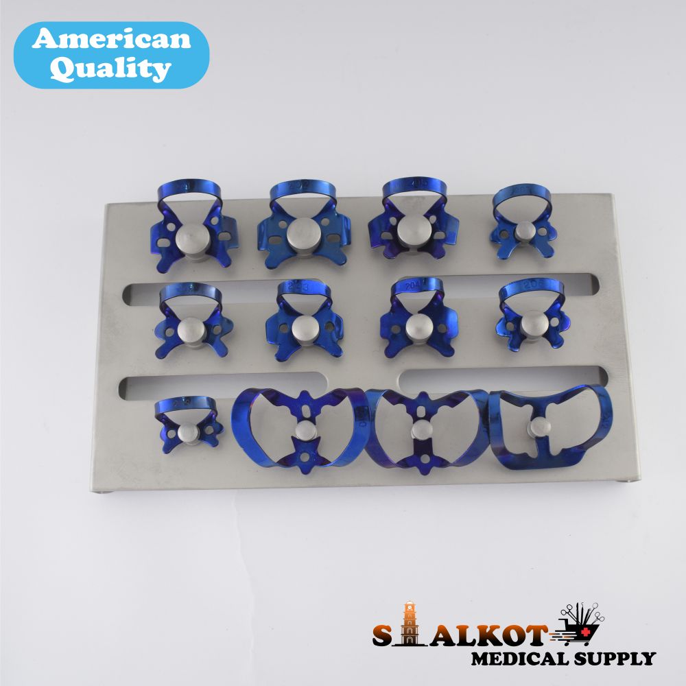 Rubber Dam Clamps Set of 12pcs with Organizer autoclavable tray holder / Rubber Dam Clamps