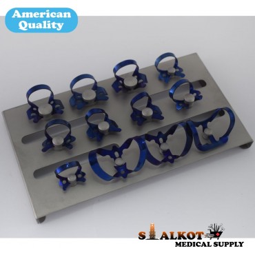 Rubber Dam Clamps Set of 12pcs with Organizer autoclavable tray holder / Rubber Dam Clamps